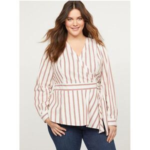 Lane Bryant White w/ Red Stripes‎ Long Sleeve Faux Wrap Blouse Side zip Size 24